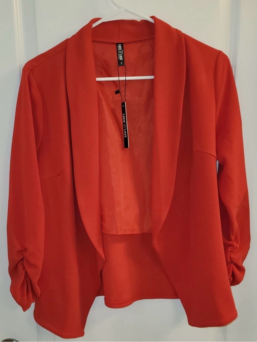 Lock & Love Open Front Blazer Jacket Red Women's Small NWT Ruched 3/4 Sleeve